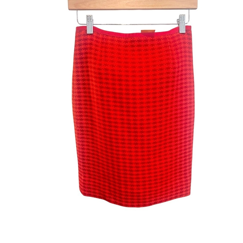 Tory‎ Burch Red Orange Textured Tweed Pencil Skirt Size 0 Gold Logo Zipper